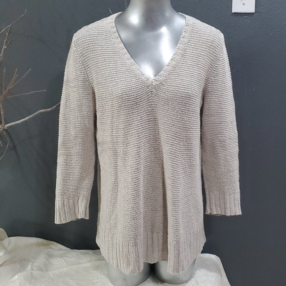 Eileen Fisher Cream V-neck Organic Linen Open Knit Sweater Size L